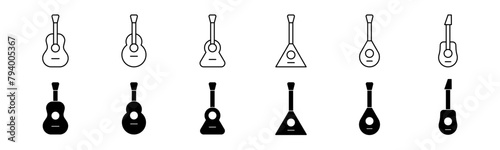 Guitar silhouette icon set. Line and glyph acoustic guitar instrument. Electric bass guitar icon set