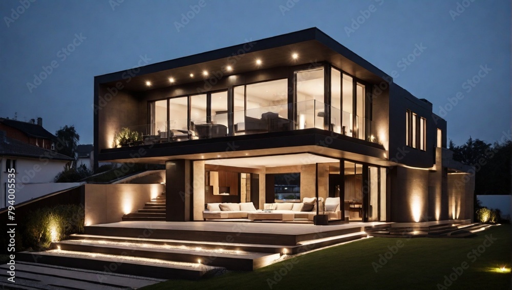Fototapeta premium Photo of modern house with outdoor lighting, at night, external view 