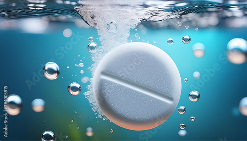 Close-up em um comprimido branco efervescente, fervendo dentro da água, com muitas borbulhas subindo. photo