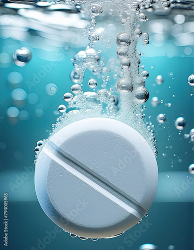 Close-up em um comprimido branco efervescente, fervendo dentro da água, com muitas borbulhas subindo. photo