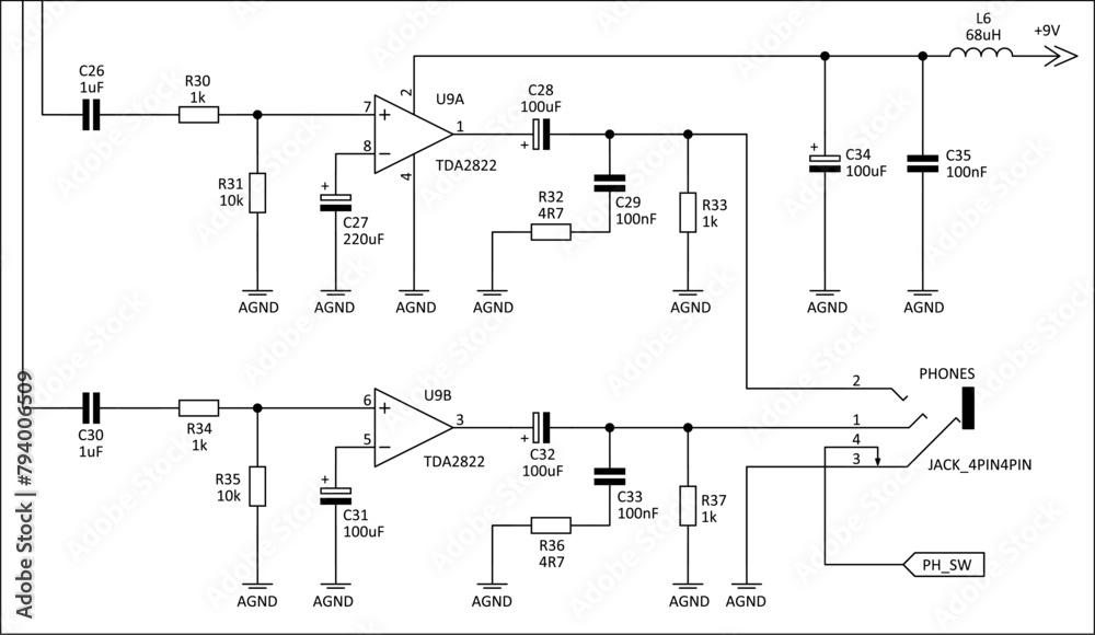 Schematic diagram of electronic device.
Vector drawing electrical circuit with
operational amplifier, phones, inductor coil,
resistor, capacitor, other components
on white background of paper sheet. Schematic diagram of electronic device.
Vector drawing electrical circuit with
operational amplifier, phones, inductor coil,
resistor, capacitor, other components
on white background of paper sheet.