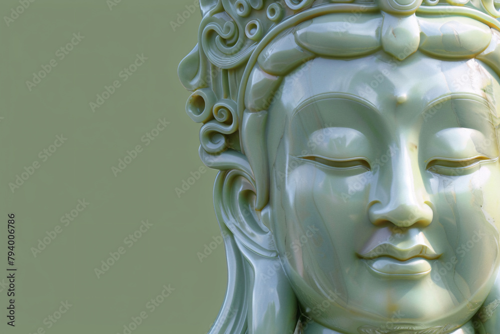 Jade Buddha statue profile against blurred green background