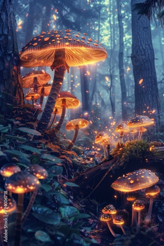 Glowing mushrooms in a dark forest at night photo