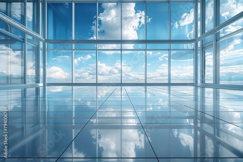 A large  empty room with a view of the sky and clouds