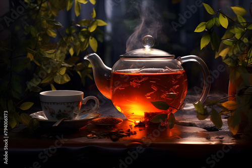 A teapot with hot tea is ready for afternoon tea service. Concept: International Tea Day, May 21