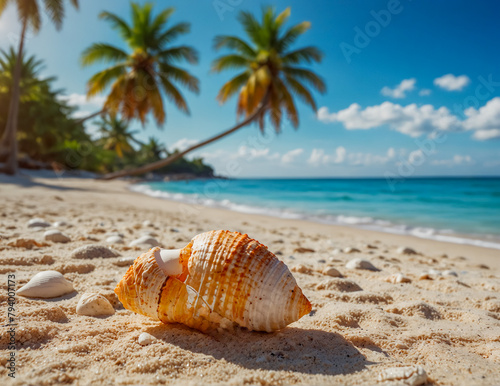 A beach in a tropical vacation destination with palm trees and clear blue sea. Seashells on the beach.