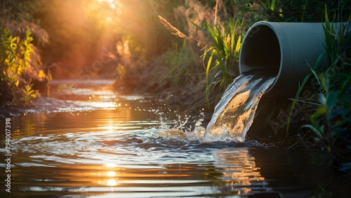 A large pipe or culvert gracefully releases water into a small stream, creating a gentle splash that ripples across the surface and produces a shimmering effect. photo