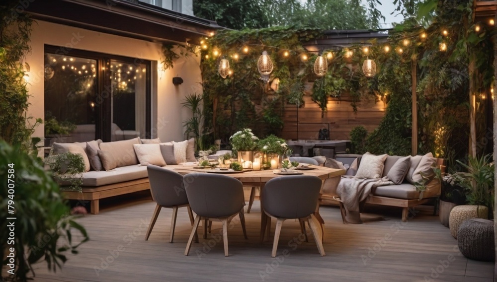 Lounge and Dining Area at Modern Residential Backyard Decorated with Outdoor Lights, Plants, Garden Table and Chairs. Cozy Summer Evening.
