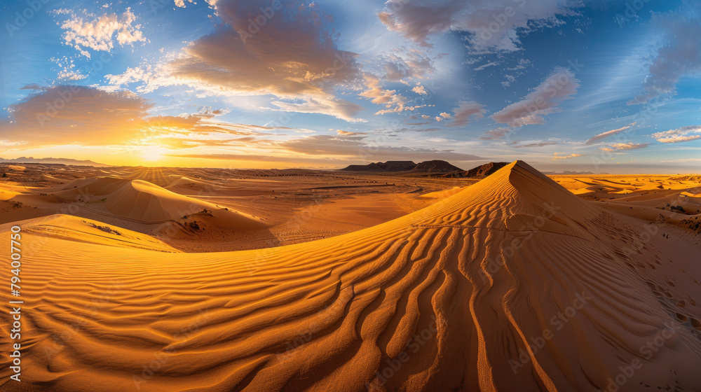 Panoramic view of golden sunset rays over vast sand dunes