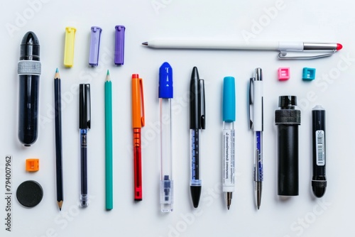 Various writing implements like pens  pencils  and markers are on the table