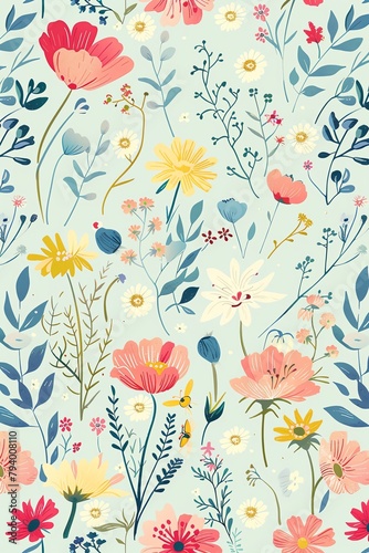 A seamless pattern of colorful flowers and leaves on a light blue background.