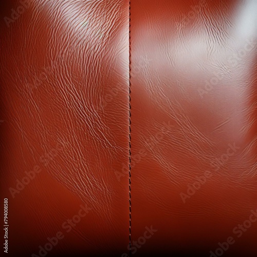 b'Close up of red leather texture with seam'