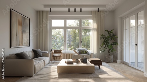 Bright living room with large windows and a gray sofa