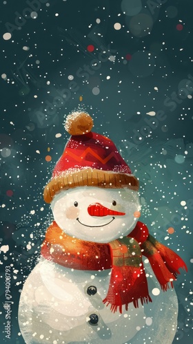 b'A cute snowman wearing a hat and scarf in the snow'