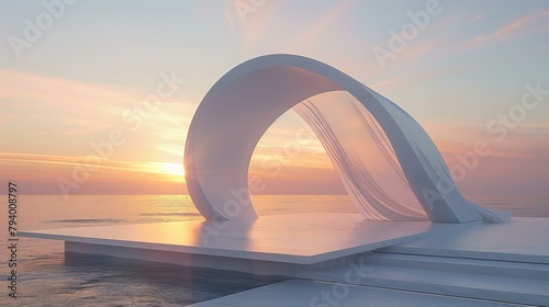 b White curved sculpture on a platform over the sea at sunset 