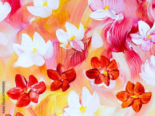 Red and white abstract flowers, original hand drawn, impressionism style, color texture, brush strokes of paint © Artlu