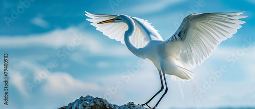 Egret with blue sky background