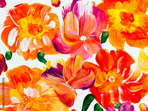 Abstract red and orange flowers, original hand drawn, impressionism style, color texture, brush strokes of paint