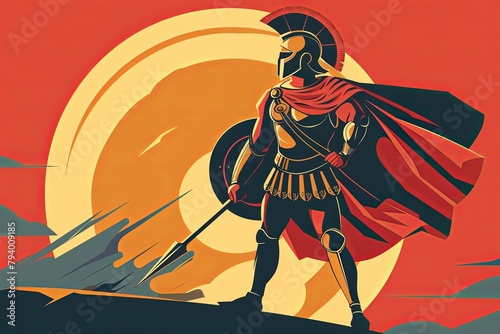 This artwork captures a Spartan warrior in full regalia standing proudly atop a mountain. Ideal for historical and inspirational themes. photo