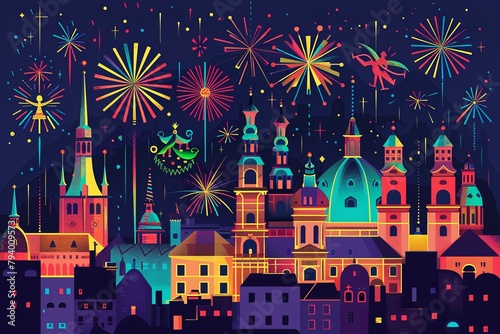 Vibrant fireworks illuminate an old city's skyline, celebrating historical architecture with a modern spectacle.