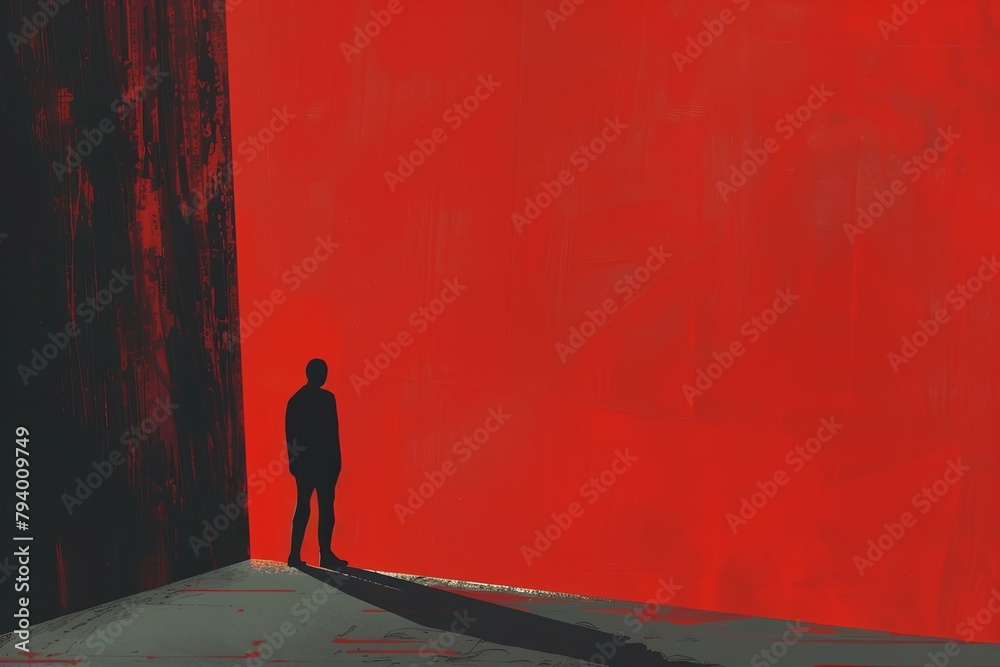 A figure stands contemplating at the edge, against an intense red backdrop, embodying concepts of decision, isolation, and the unknown.