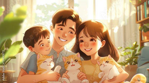 An illustration of a family of three with two cats