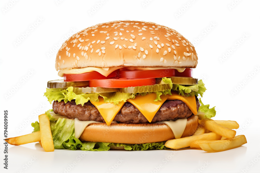 Hamburger with fries on white background. Fast food related topics. Topics related to malnutrition. Job offer. Image for graphic designer. Image for flyers.