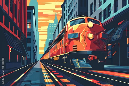 A classic train powers down the tracks through a city canyon at sunset, evoking the romance of rail travel.