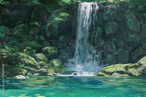A peaceful waterfall flowing over moss-covered rocks into a clear pool below, surrounded by lush greenery. Illustration