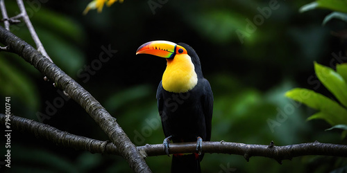 a colorful bird perched on a tree branch in a forest with green leaves and a dark background with a yellow and orange beak and a black toucan 4k wallpepar photo