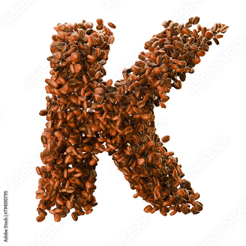 Capital letter K, made from coffee beans. Coffee font. Alphabet made from coffee beans. Transparent background.