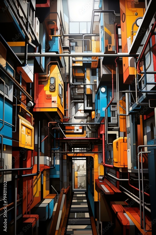 b'A digital painting of a colorful city with many buildings and a long hallway in the center'