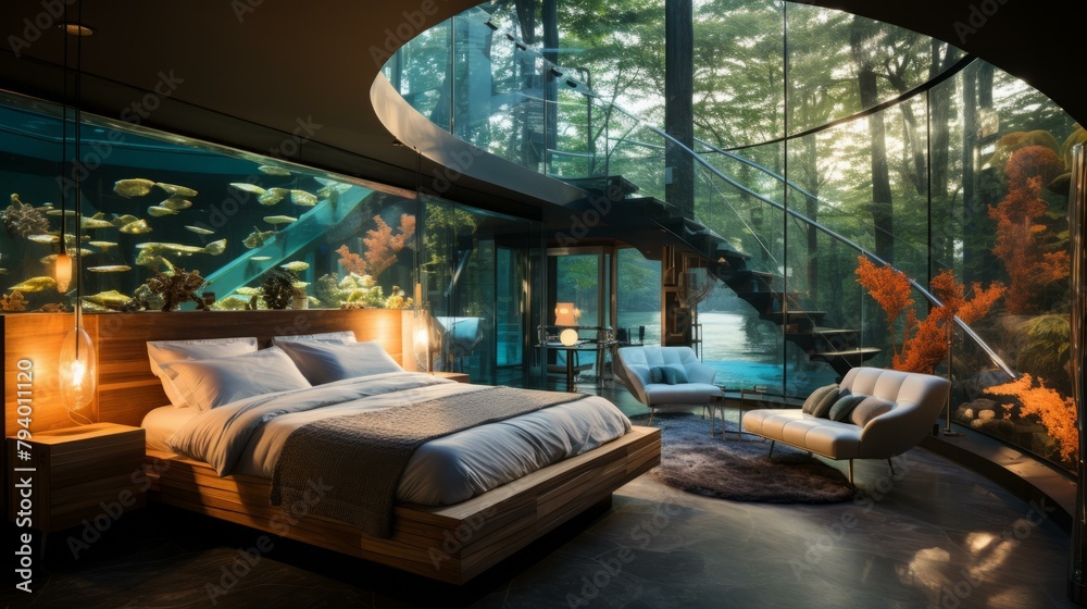 b'futuristic bedroom interior design with glass walls and forest view' b'futuristic bedroom interior design with glass walls and forest view'