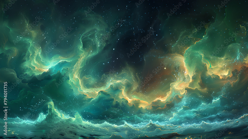 Galactic Storm of Emerald and Gold Clouds, Generative AI