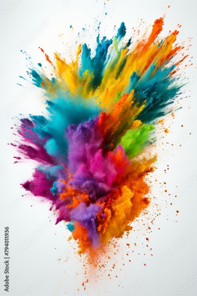 b'Colorful powder explosion on white background'