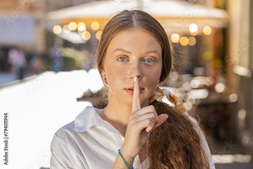 Shh be quiet please. Teenager redhead girl presses index finger to lips makes silence hush gesture sign do not tells gossip secret outdoors. Young woman walking in urban city street. Town lifestyles