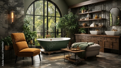 b'Bathroom With Large Windows and Plants'