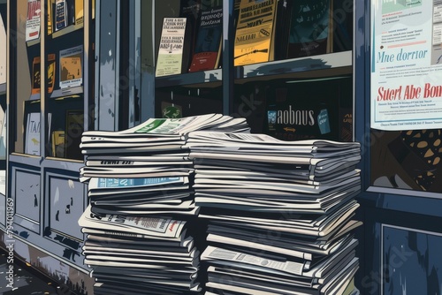 A colorful stack of newspapers on a newsstand, ready to be read by passersby photo