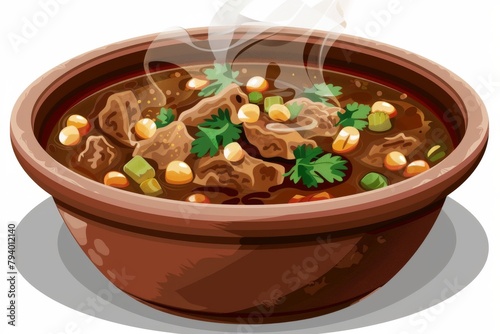 Illustration of a hot bowl of pozole, a Mexican soup made with hominy and pork photo