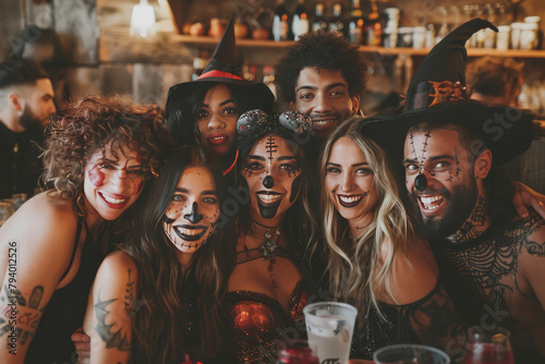 Cheerful young people dressed up as crazy witches, demons, vampires, having fun at a Halloween party. photo