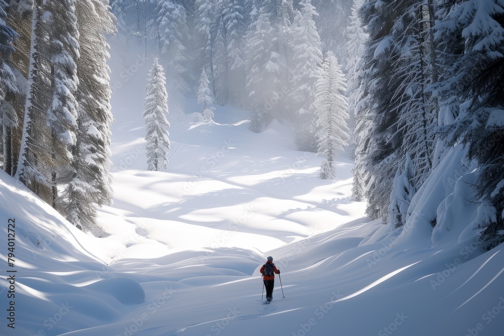 Cross-country skier in winter forest