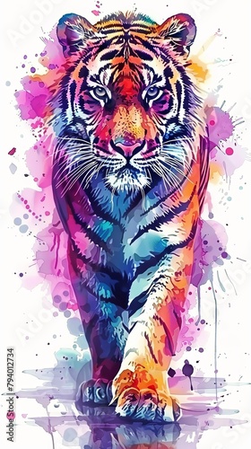 Wild tiger design vertical portrait in multicolor watercolor style photo