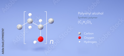 polyvinyl alcohol molecule, molecular structures, synthetic polymer, e1203, 3d model, Structural Chemical Formula and Atoms with Color Coding photo