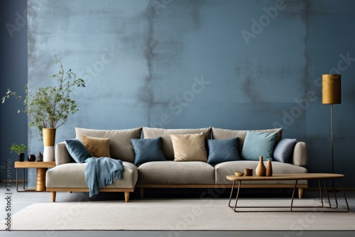 b'A Stylish and Modern Living Room With Blue Wall and Comfy Sofa' photo