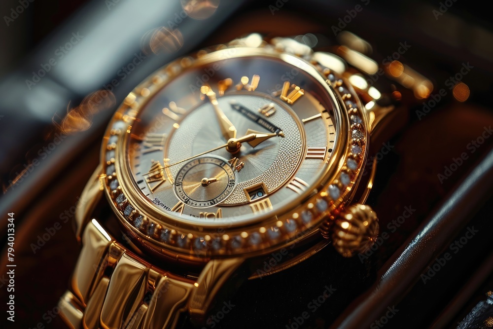 Close-up of a luxurious gold watch on a dark velvet background, reflecting sophistication and timeless elegance