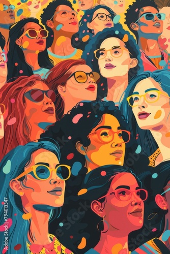 b'A diverse group of women of different ethnicities wearing glasses and looking upwards'