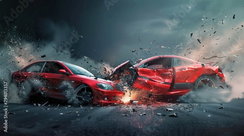 Car accident and insurance concept with two cars crashing together on the road. photo