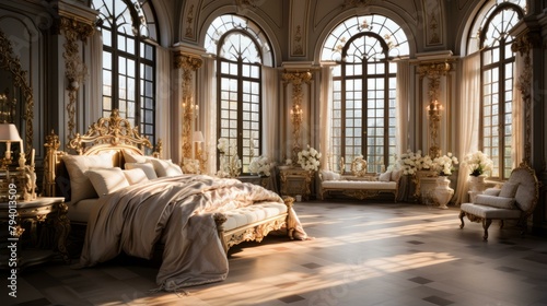 b'Ornate bedroom with a large bed, golden furniture, and large windows'