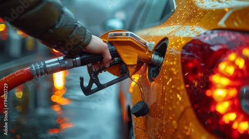Mans hand squeezes the gas pump nozzle as he fills his car with gasoline photo