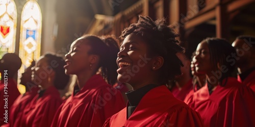 Gospel choir group with choral singing inside a church. photo